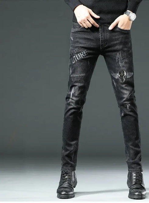Slim Fit Korean Streetwear Graphical Printed Luxury Hip-Hop Stretch Denim Jeans for Men - Perfect Medium Wash Jeans Outfit